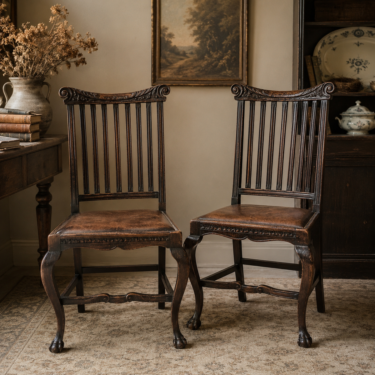 Pair of English George II Revival Oak Dining Chairs
Hewetson, Milner & Thexton Ltd., London
Circa 1905–1915