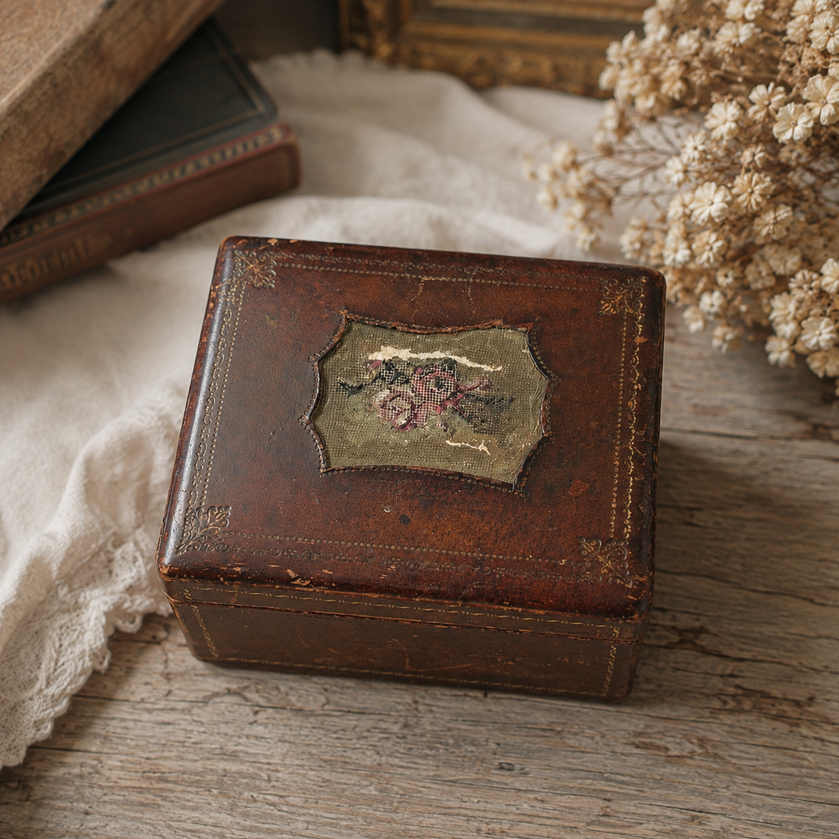 Victorian Leather Keepsake Box with Floral Needlework