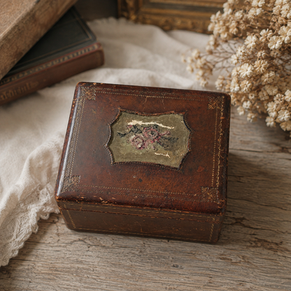Victorian Leather Keepsake Box with Floral Needlework