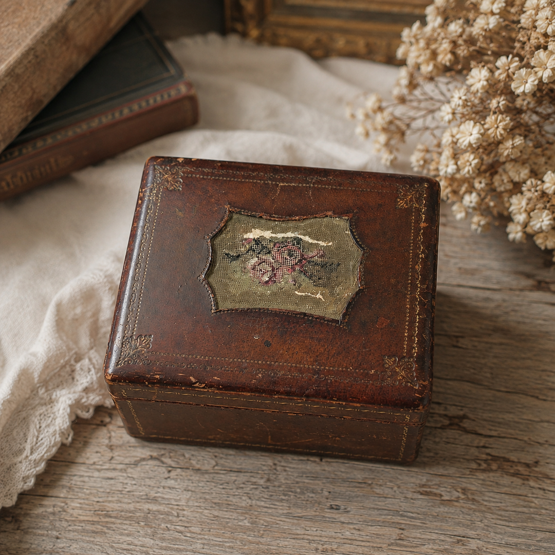 Victorian Leather Keepsake Box with Floral Needlework
