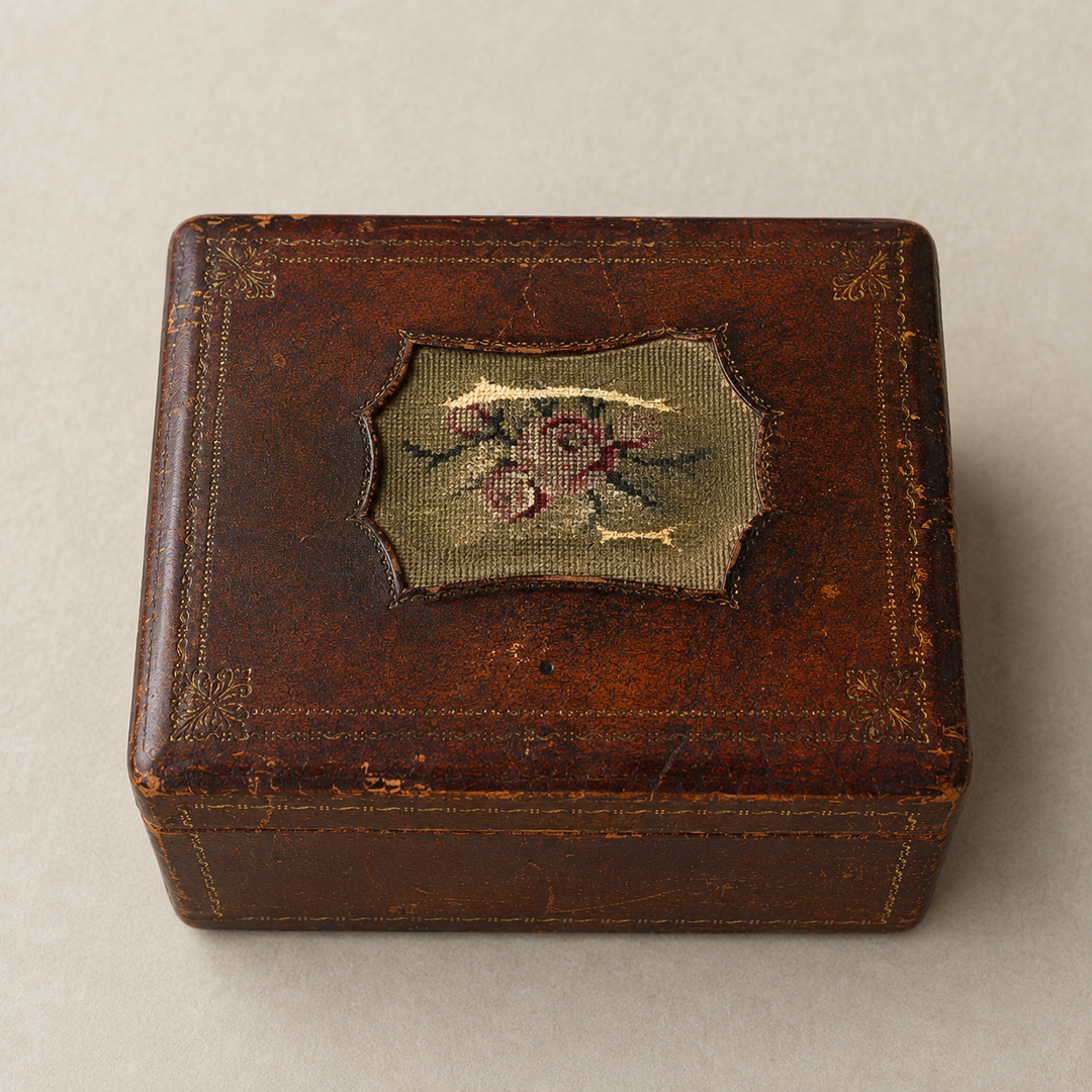 Victorian Leather Keepsake Box with Floral Needlework