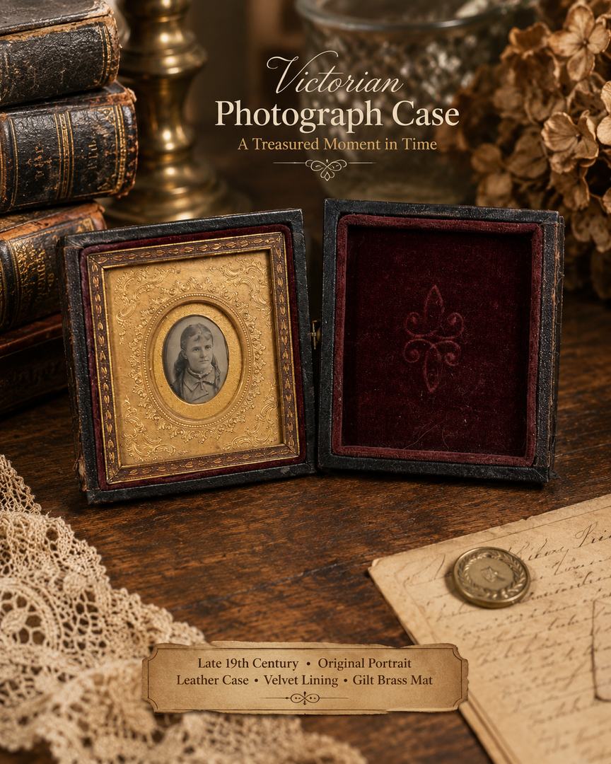 Victorian Leather Photograph Case with Original Portrait