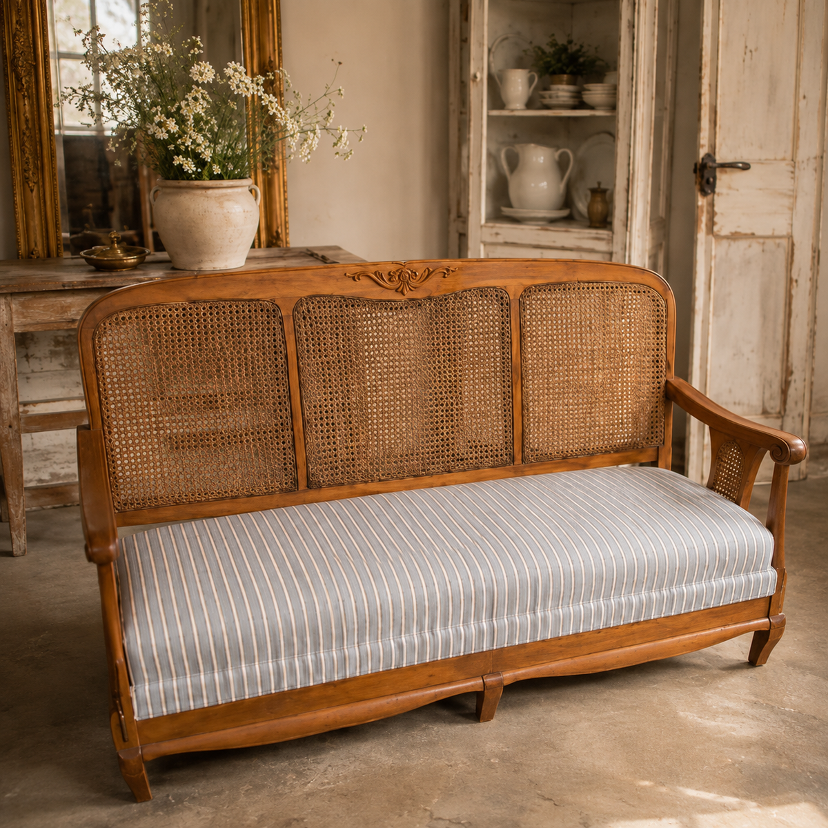 Vintage French Provincial Cane Settee|Mid-20th Century | Newly Upholstered