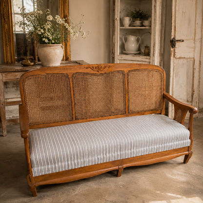 Vintage French Provincial Cane Settee|Mid-20th Century | Newly Upholstered