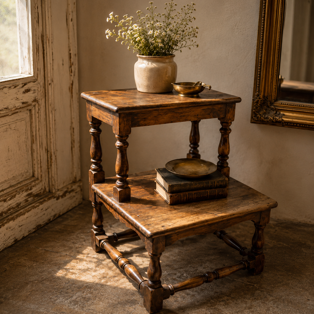 Antique English Oak Bed Step Stool