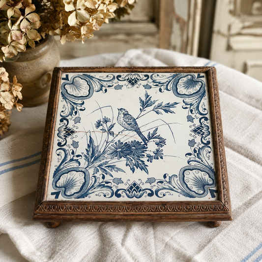 Vintage French Ceramic Tile Trivet with Carved Wooden Stand