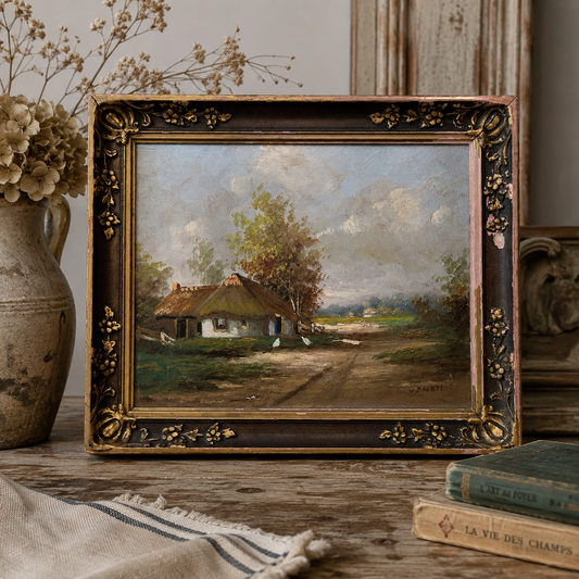 Thatched Cottage Path — Antique French Landscape