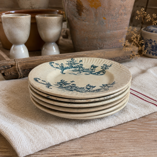 Set of 6 Antique French Blue Transferware Plates – 5 Patterns, c. 1880–1910