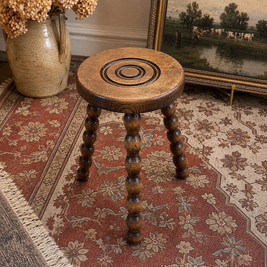 Vintage French Oak Bobbin Tripod Stool