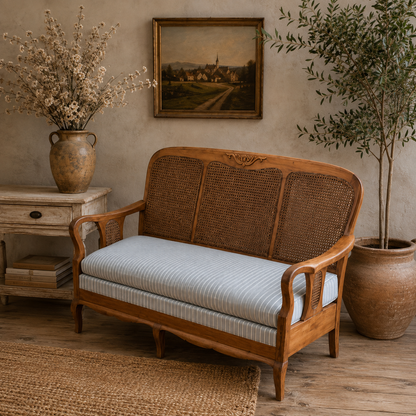 Vintage French Provincial Cane Settee|Mid-20th Century | Newly Upholstered