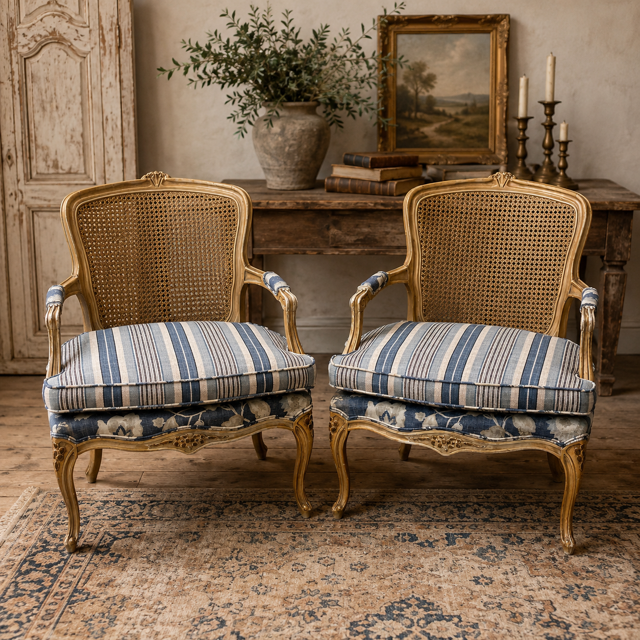 Vintage French Louis XV Style Cane Armchairs — Pair