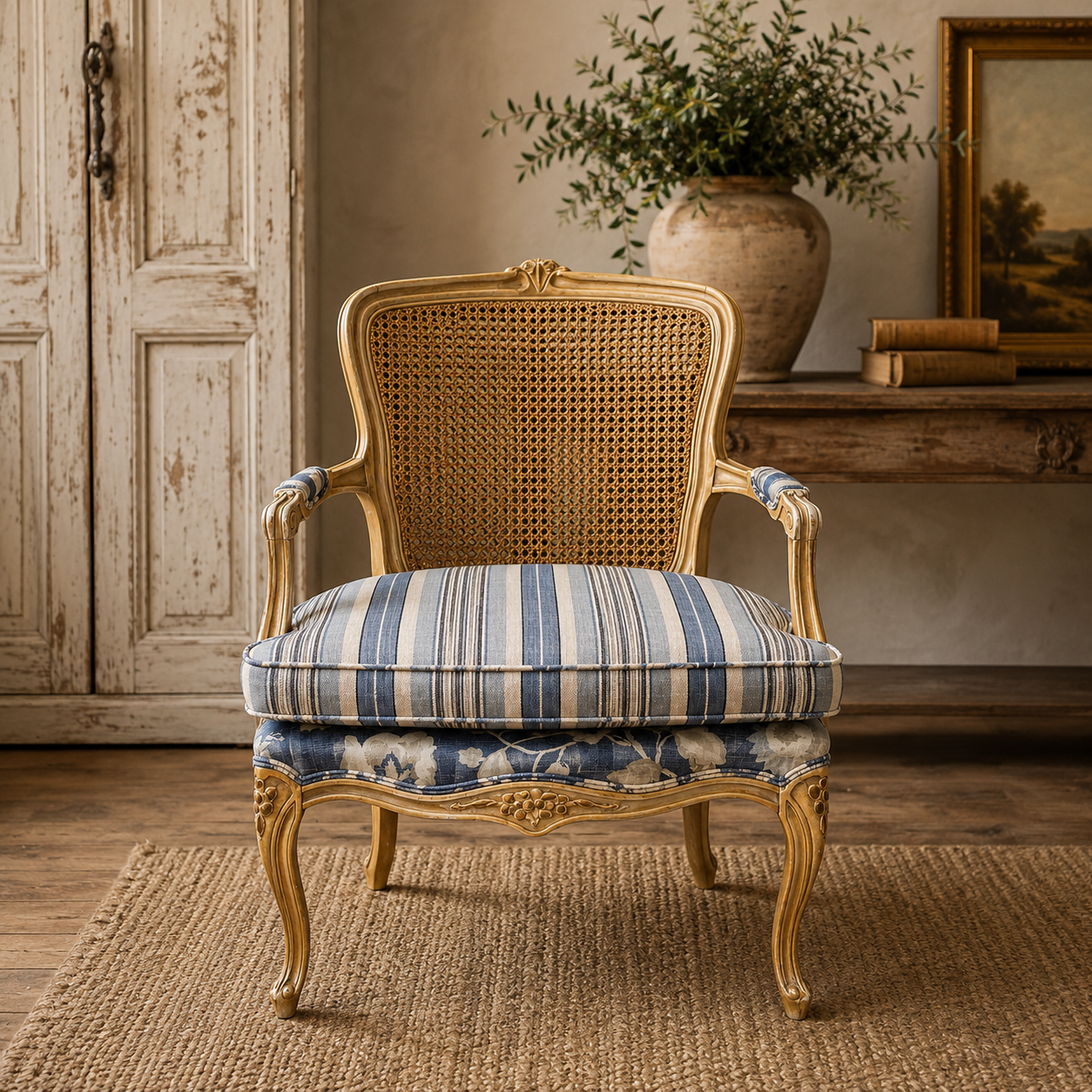 Vintage French Louis XV Style Cane Armchairs — Pair