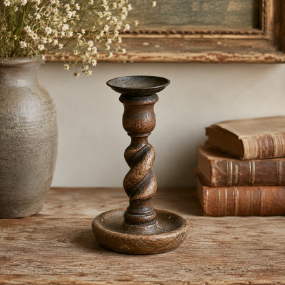 Antique English Barley Twist Wooden Candlestick, c. 1900