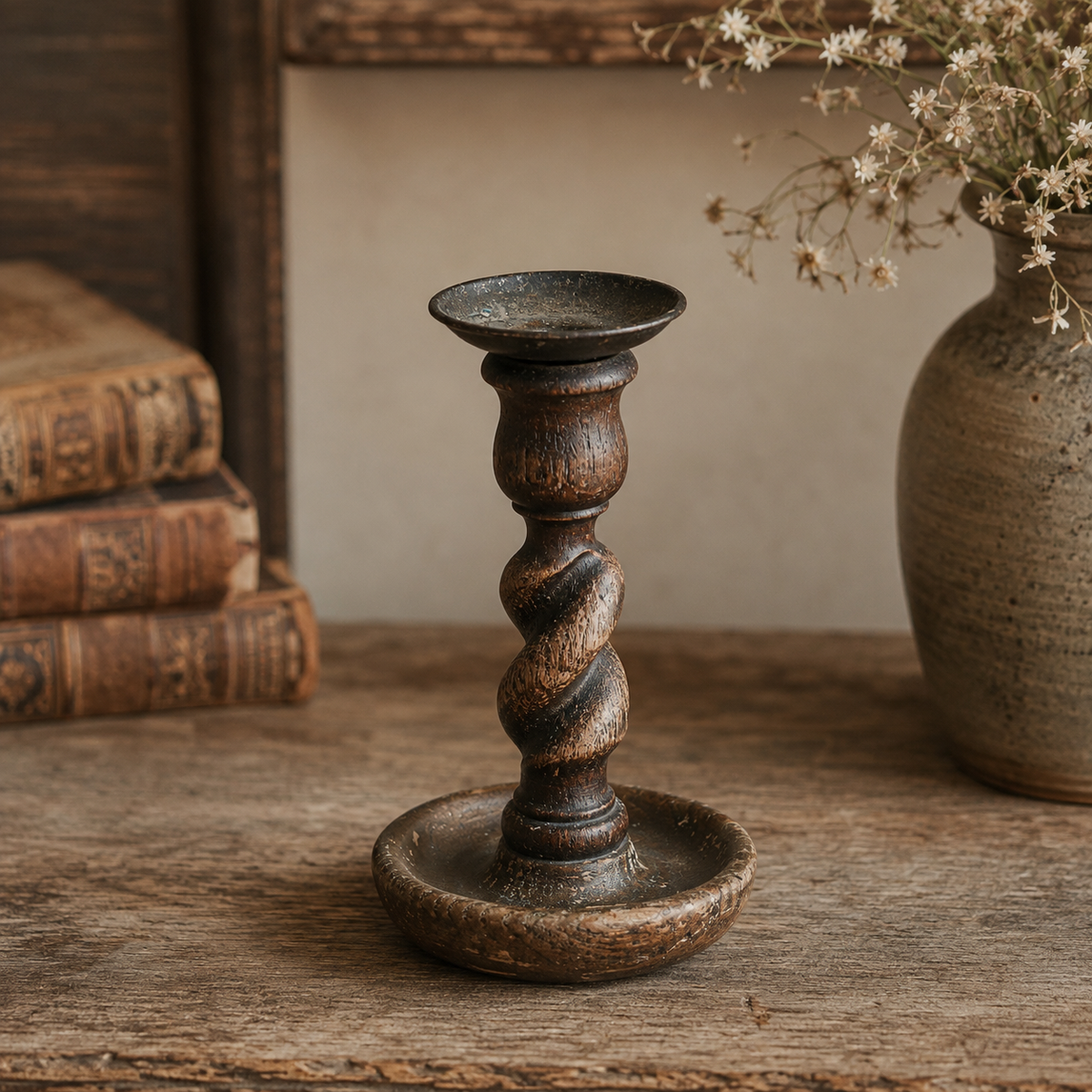 Antique English Barley Twist Wooden Candlestick, c. 1900