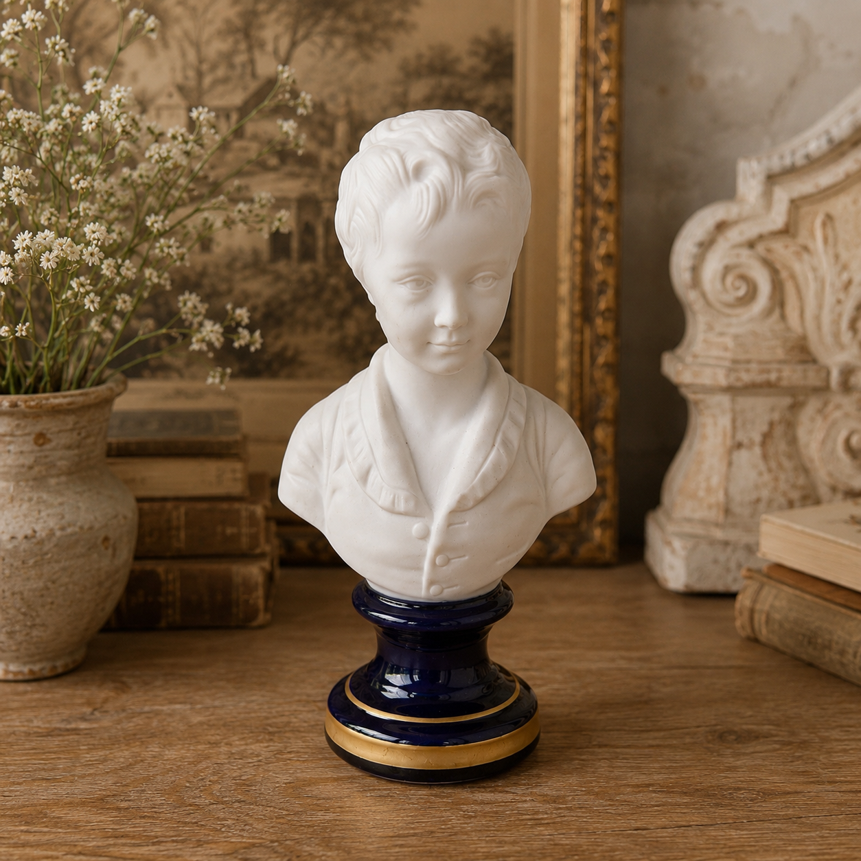 Vintage French Limoges Porcelain Boy Bust on Cobalt & Gilt Pedestal