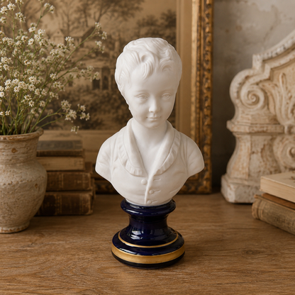 Vintage French Limoges Porcelain Boy Bust on Cobalt & Gilt Pedestal