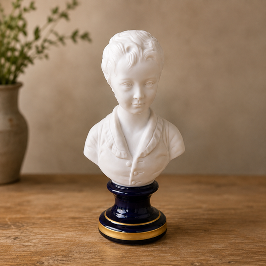 Vintage French Limoges Porcelain Boy Bust on Cobalt & Gilt Pedestal