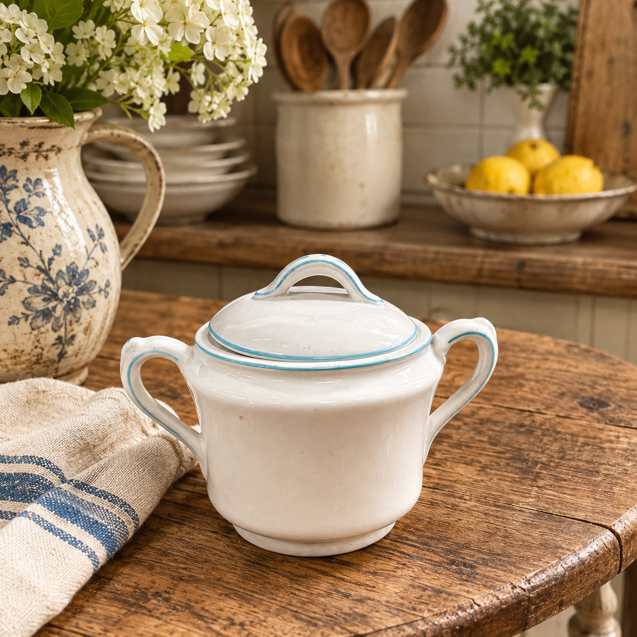 Antique English Globe Pottery Covered Sugar Bowl | c. 1910–1930