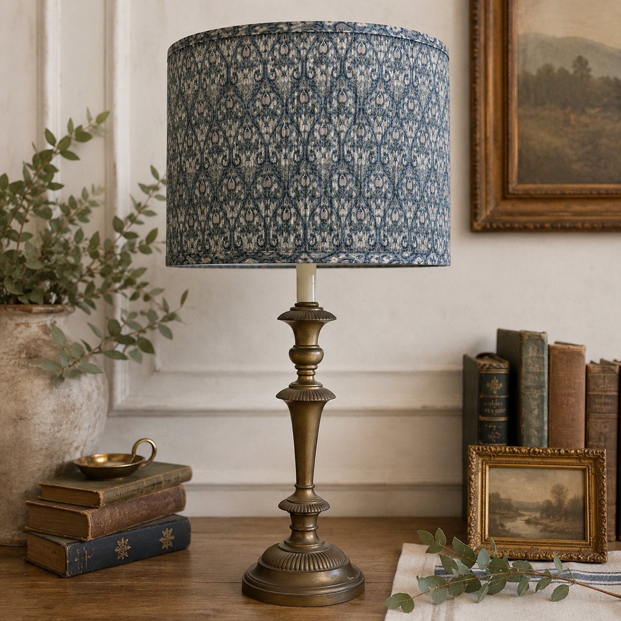 Vintage Brass Neoclassical Table Lamp with Pleated Shade