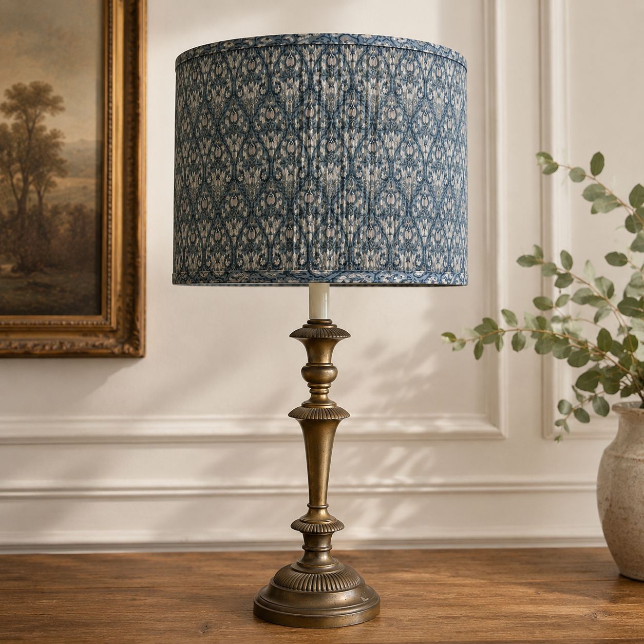 Vintage Brass Neoclassical Table Lamp with Pleated Shade