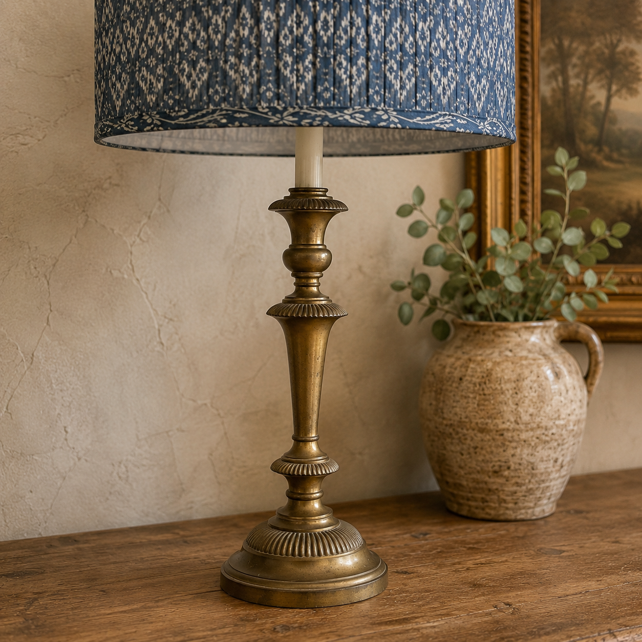 Vintage Brass Neoclassical Table Lamp with Pleated Shade