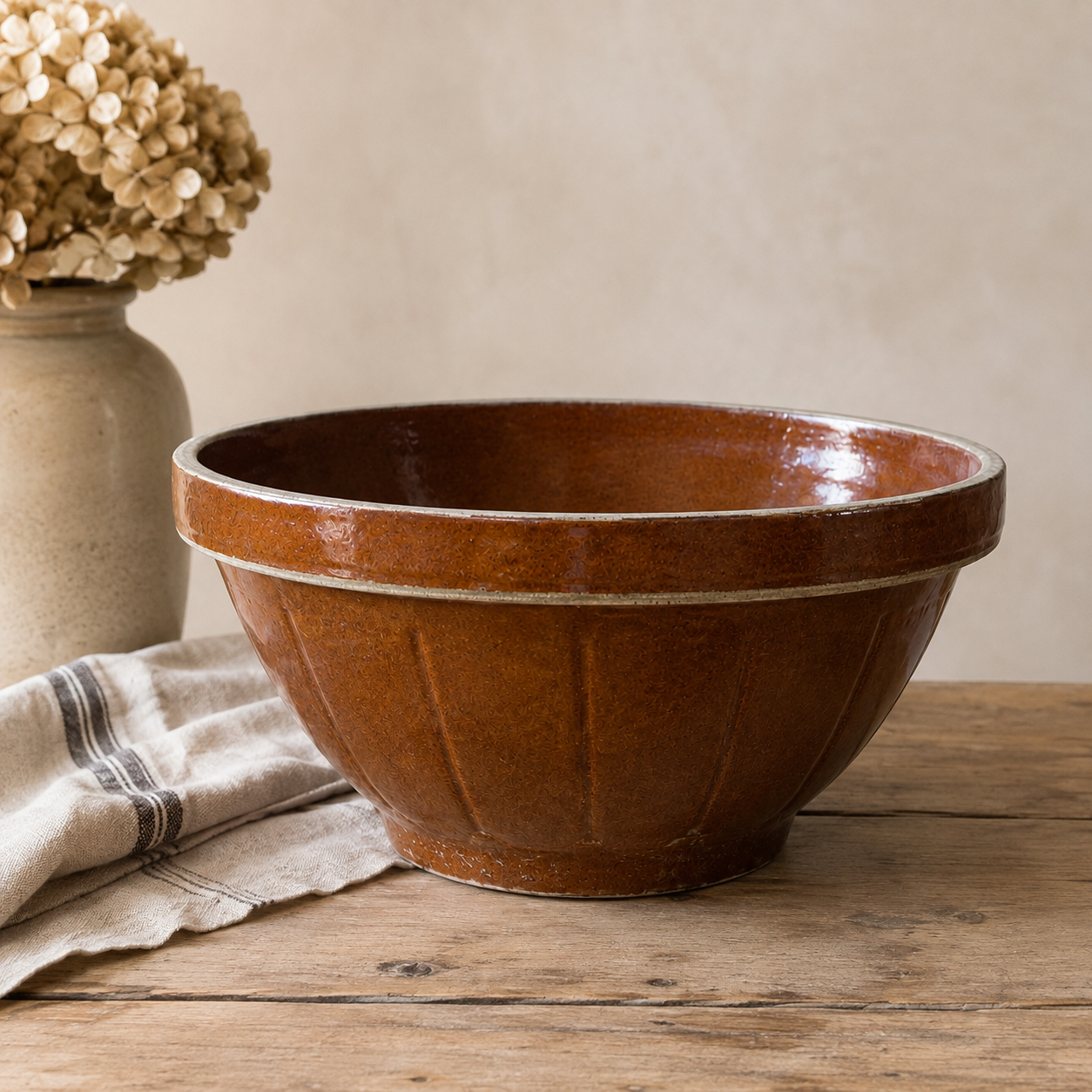 Vintage English Brown Glazed Stoneware Mixing Bowl – 10.5”