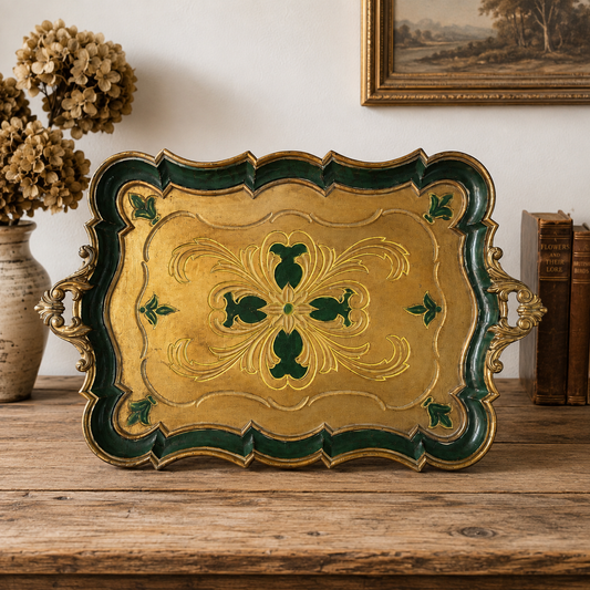Vintage Italian Florentine Gilt & Green Serving Tray