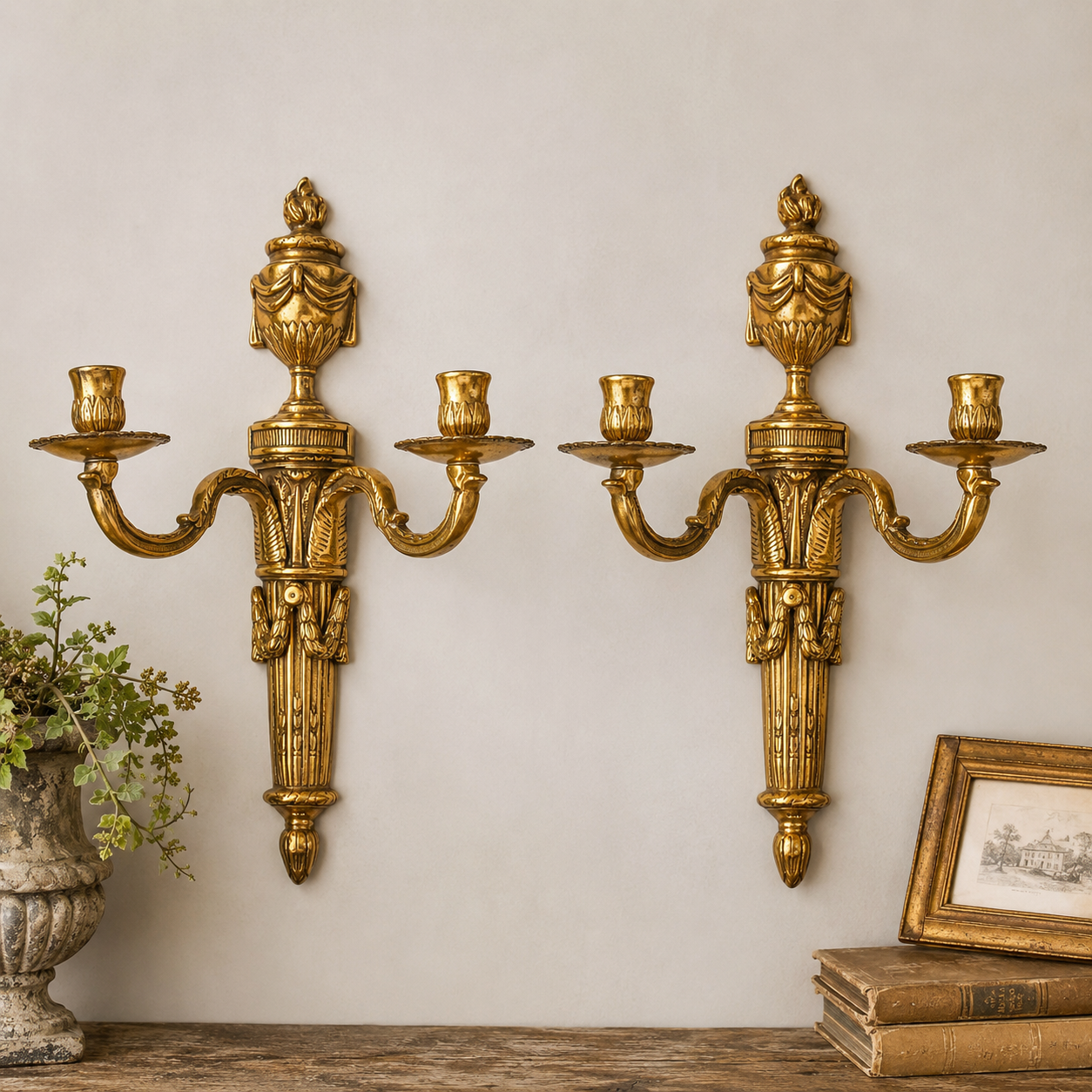 Pair of Vintage Louis XVI Style Gilt Two-Arm Wall Sconces