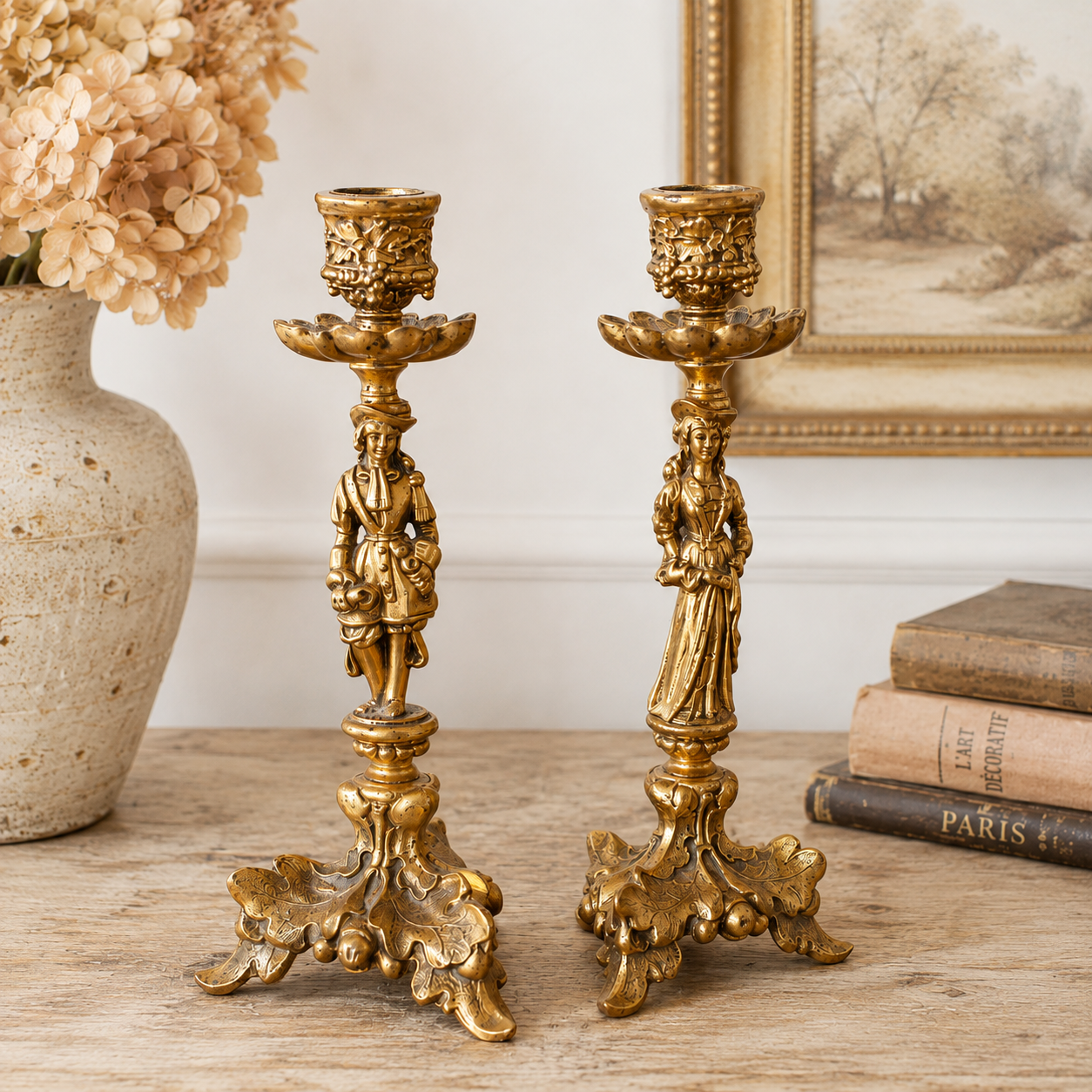 Vintage Italian Gilt Metal Figural Candlesticks – Pair