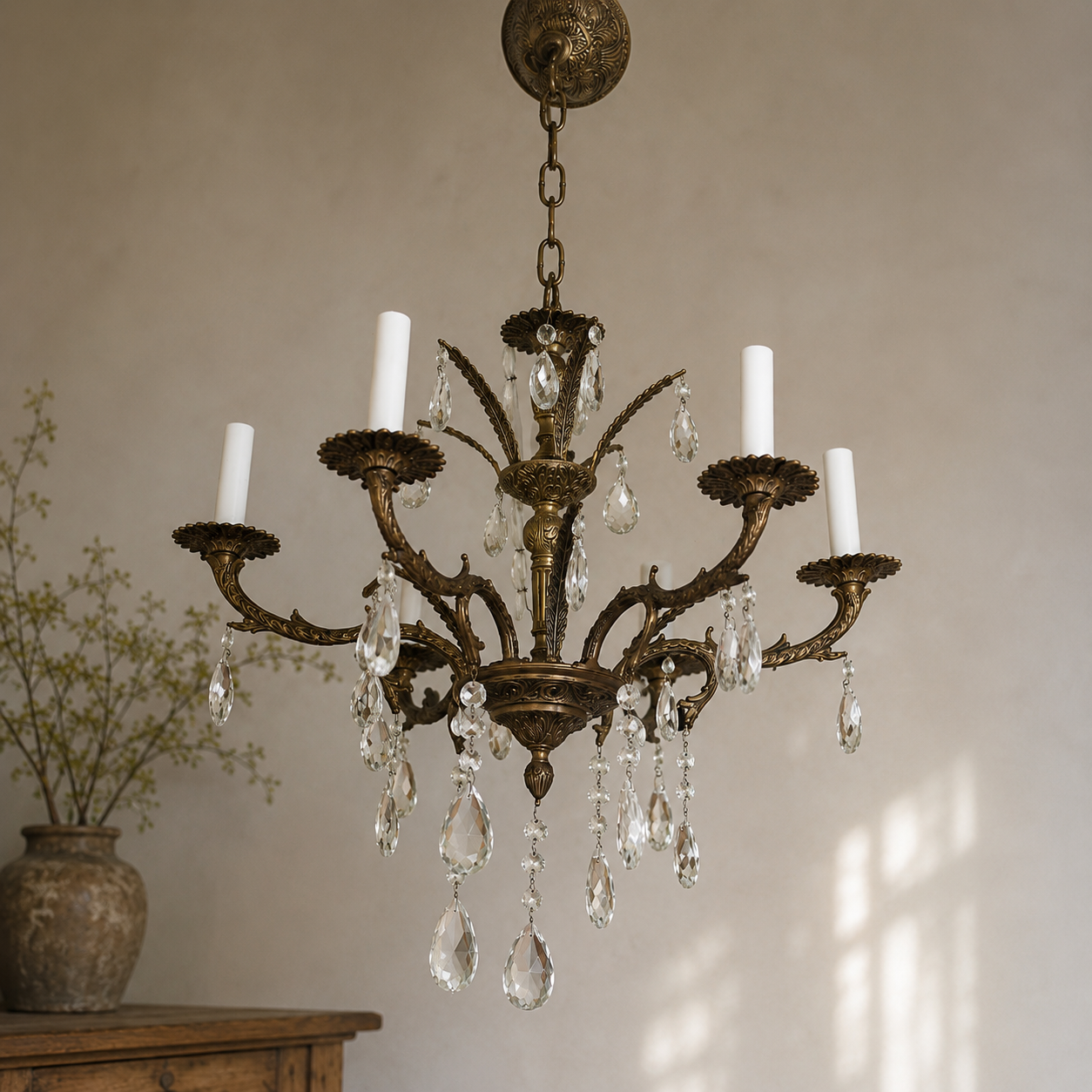Vintage French-Style Brass & Crystal Six-Light Chandelier