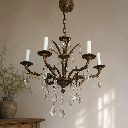 Vintage French-Style Brass & Crystal Six-Light Chandelier