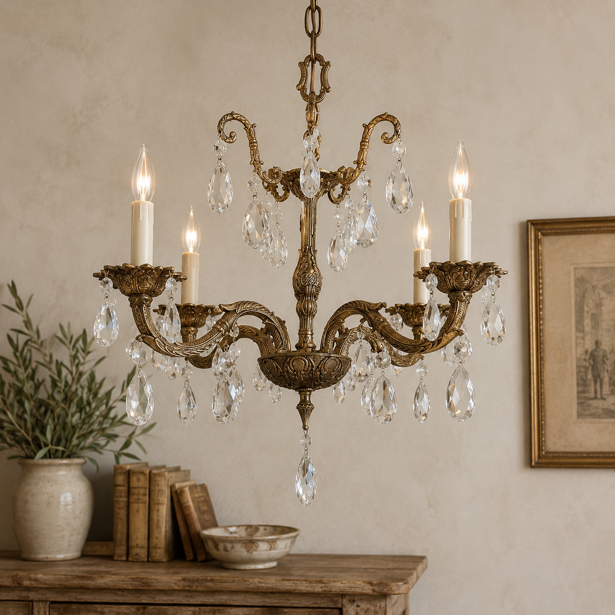 Vintage Gilt Brass & Crystal Chandelier