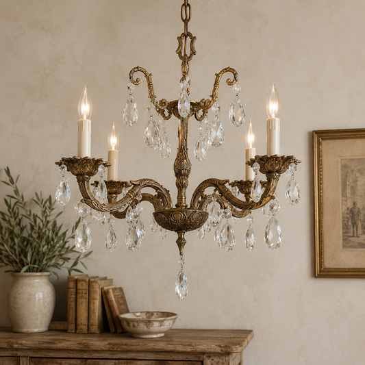 Vintage Gilt Brass & Crystal Chandelier