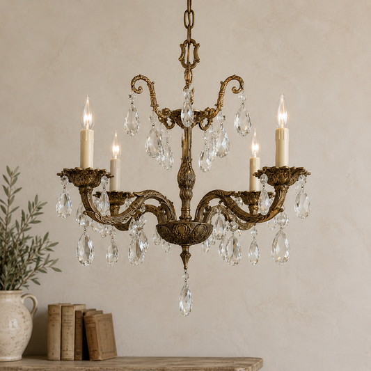 Vintage Gilt Brass & Crystal Chandelier