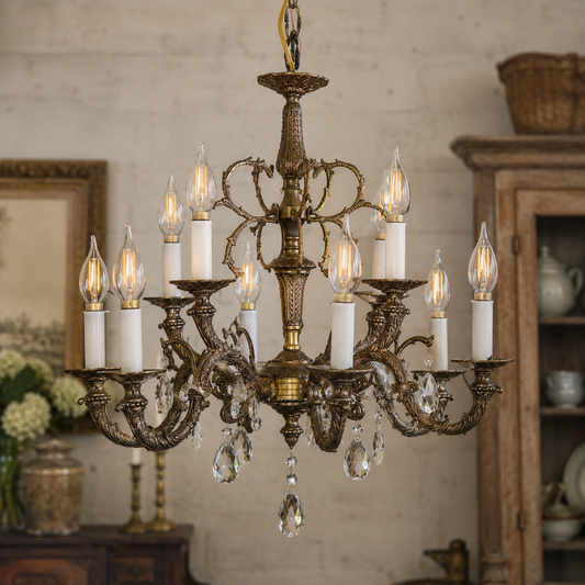 Vintage Ornate Brass & Crystal Ten-Light Chandelier