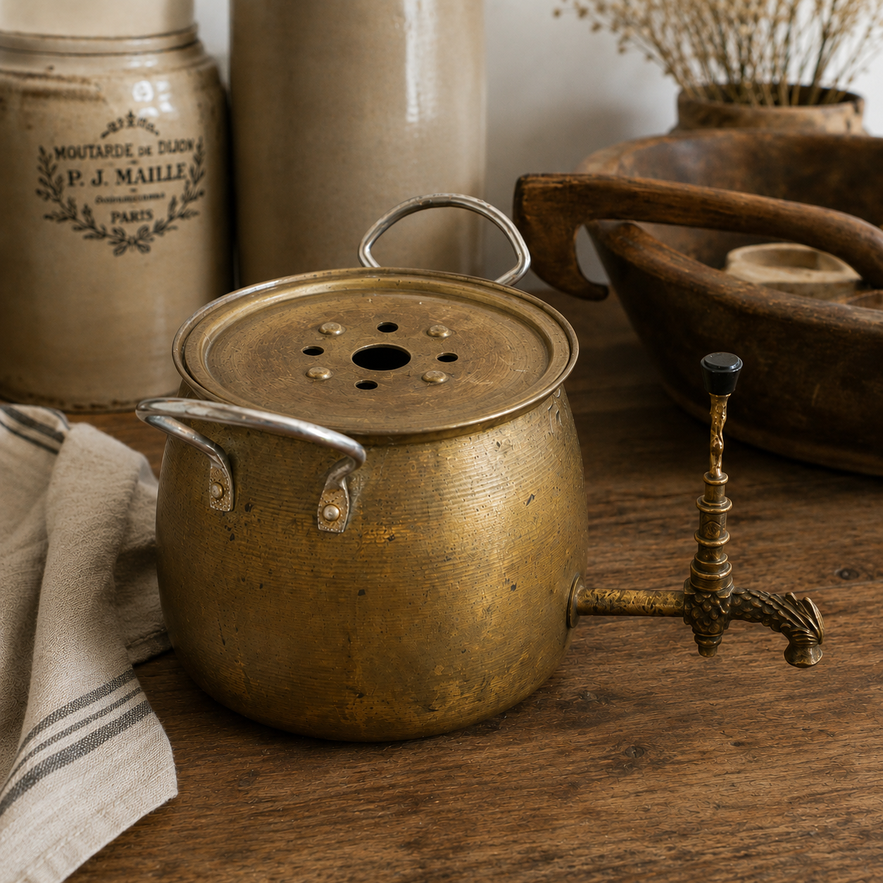 Antique French Brass Tea Urn with Decorative Spigot