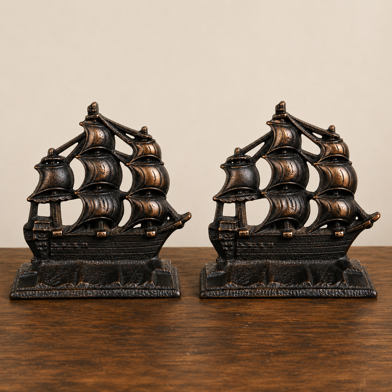 Antique BRON MET Cast Iron Sailing Ship Bookends