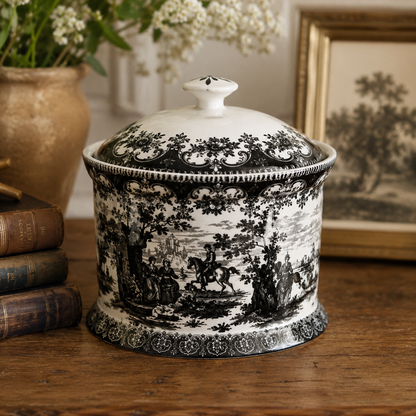 Vintage Black Transferware Covered Jar