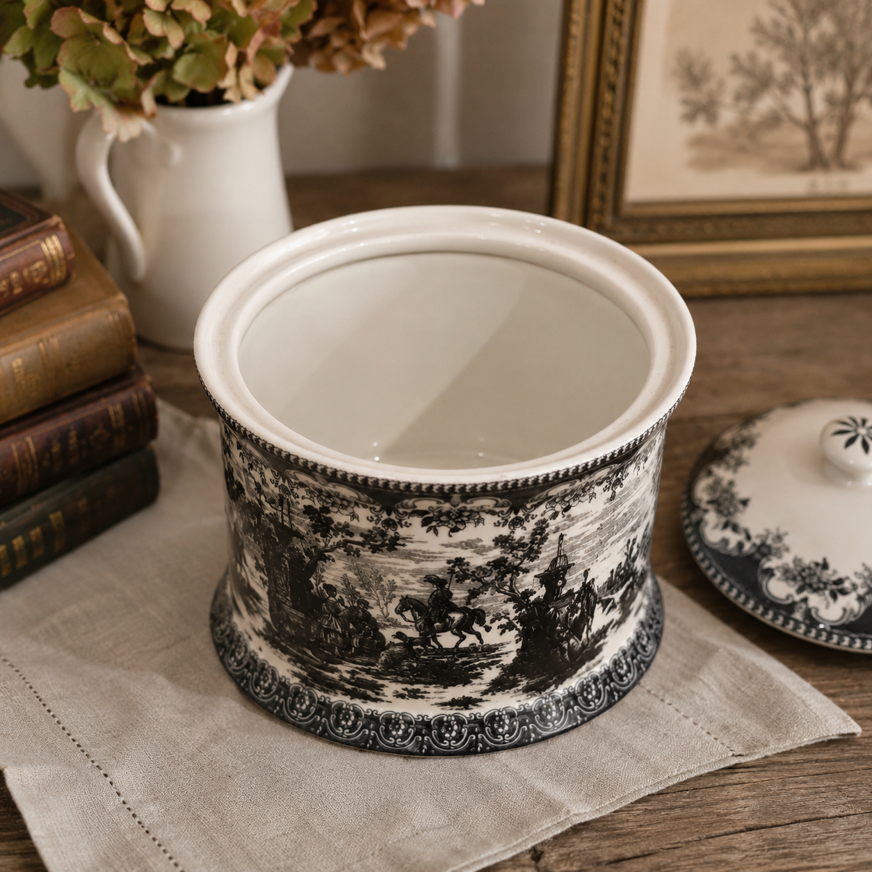 Vintage Black Transferware Covered Jar