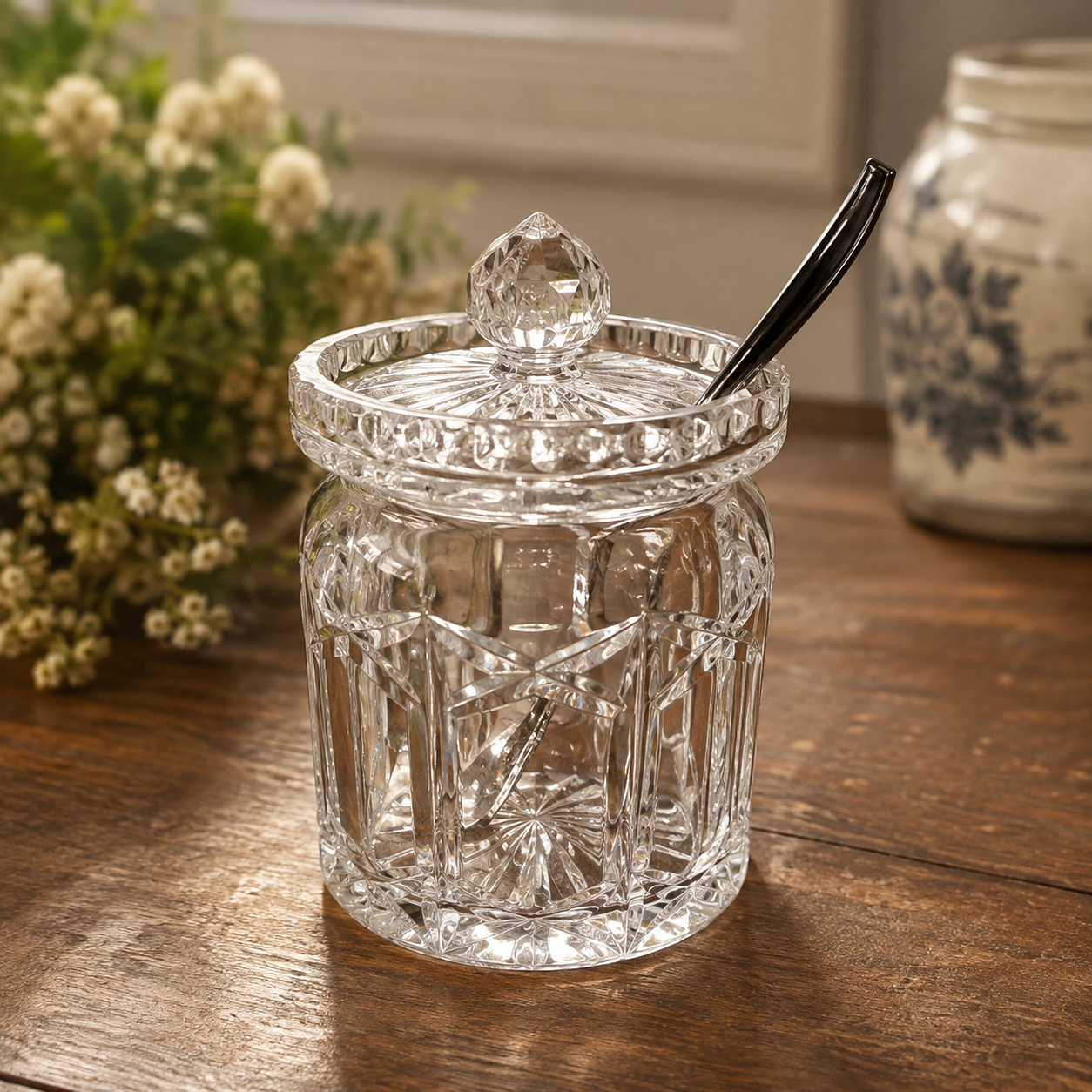 Vintage Cut Crystal Preserve Jar with Lid & Spoon