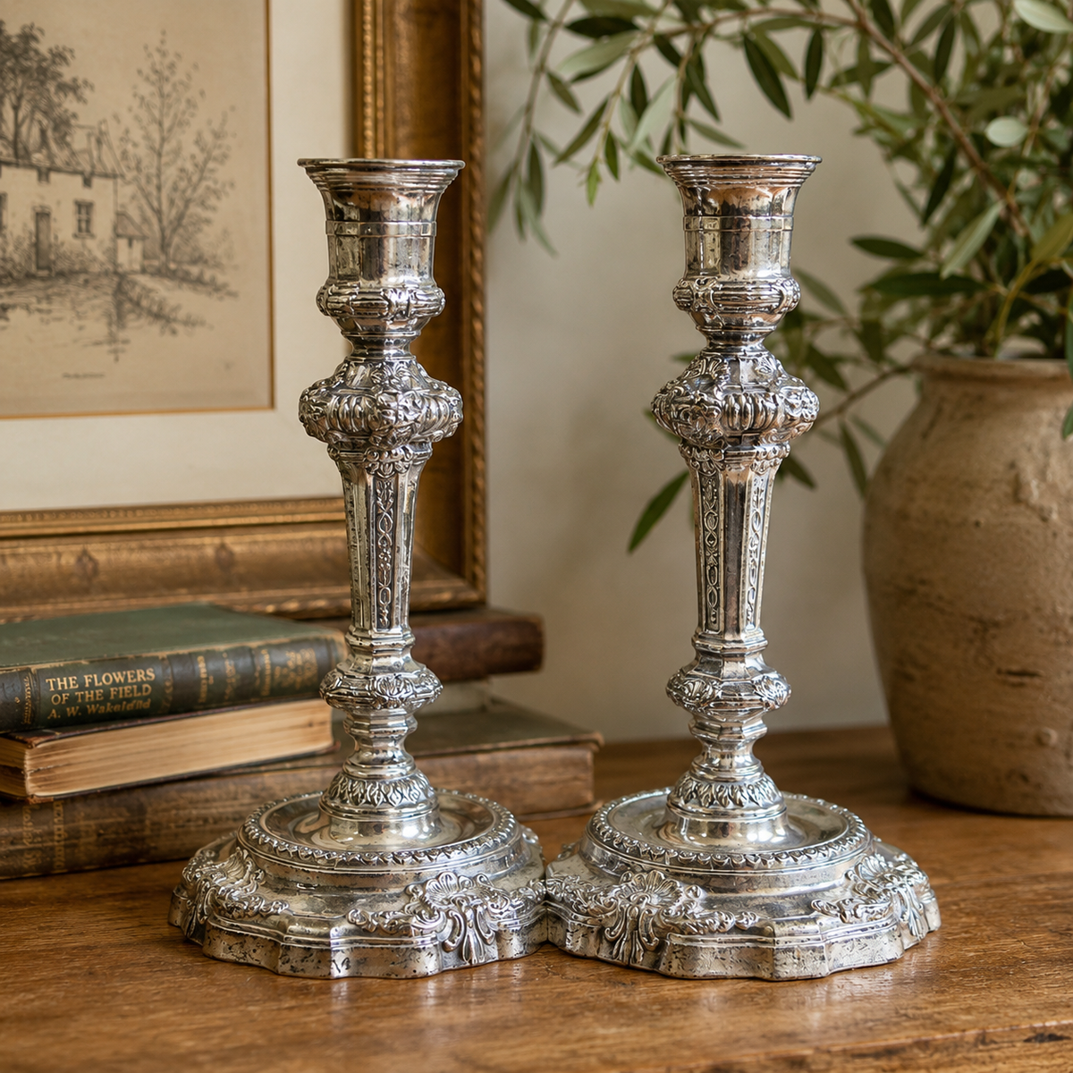 Pair of Vintage Silver-Plated Rococo Candlesticks