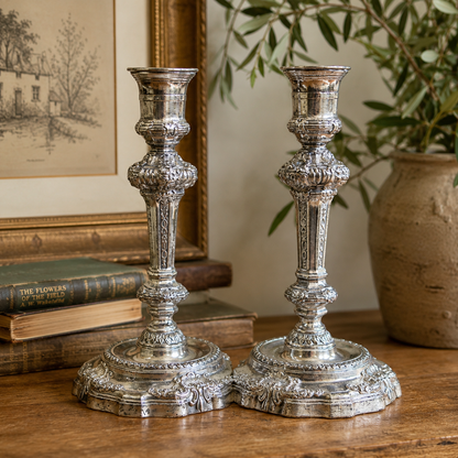 Pair of Vintage Silver-Plated Rococo Candlesticks