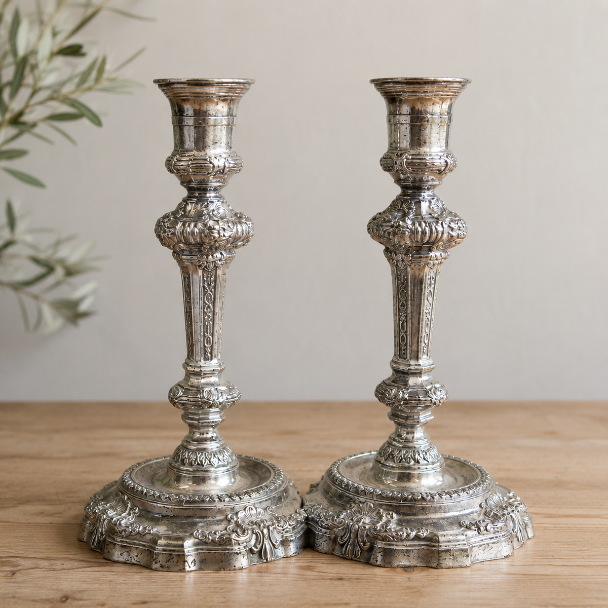 Pair of Vintage Silver-Plated Rococo Candlesticks