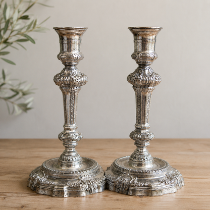 Pair of Vintage Silver-Plated Rococo Candlesticks