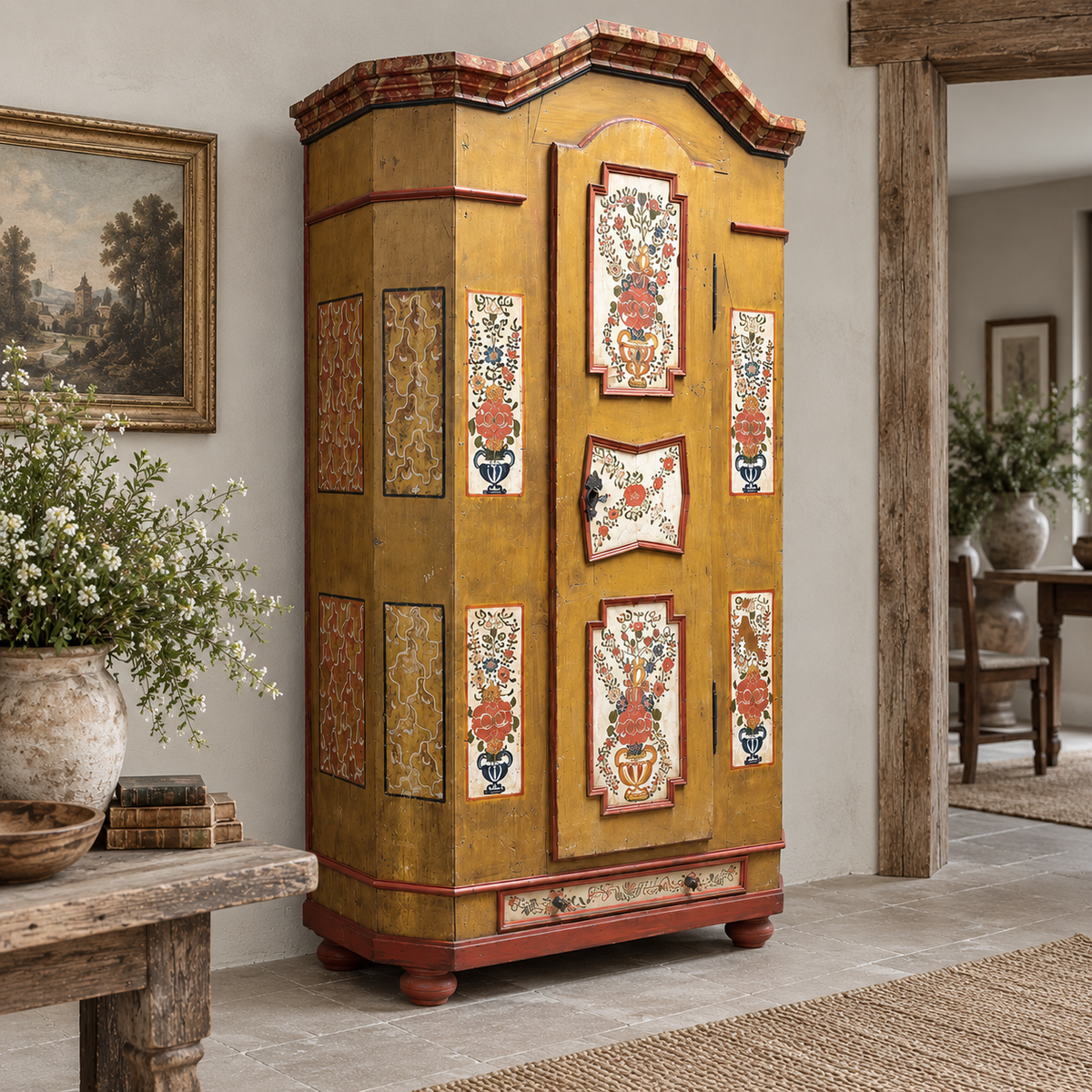 Antique European Hand-Painted Marriage Cabinet, c. 1780–1830