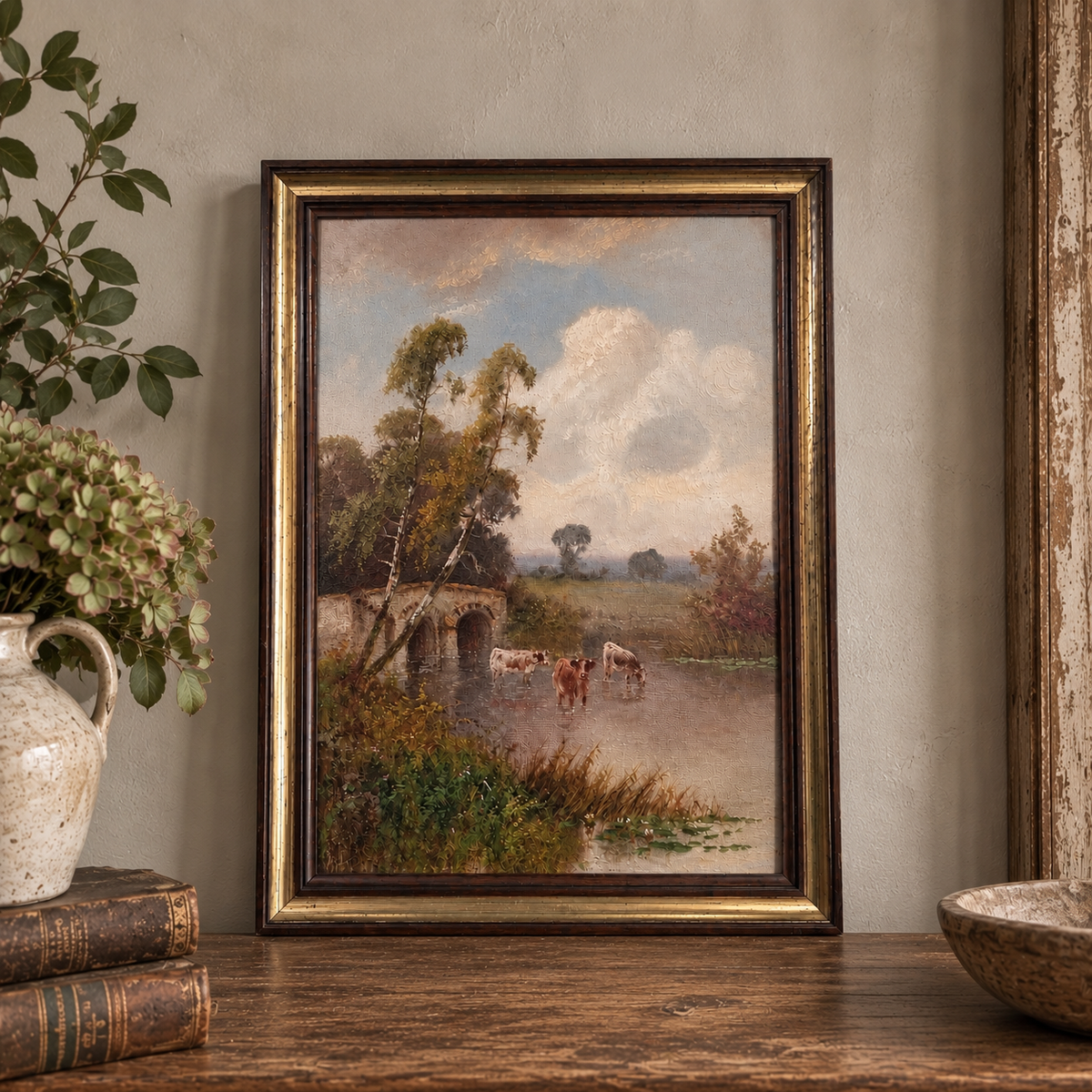 Antique English Pastoral Landscape – Cattle by the Water