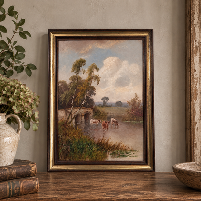 Antique English Pastoral Landscape – Cattle by the Water