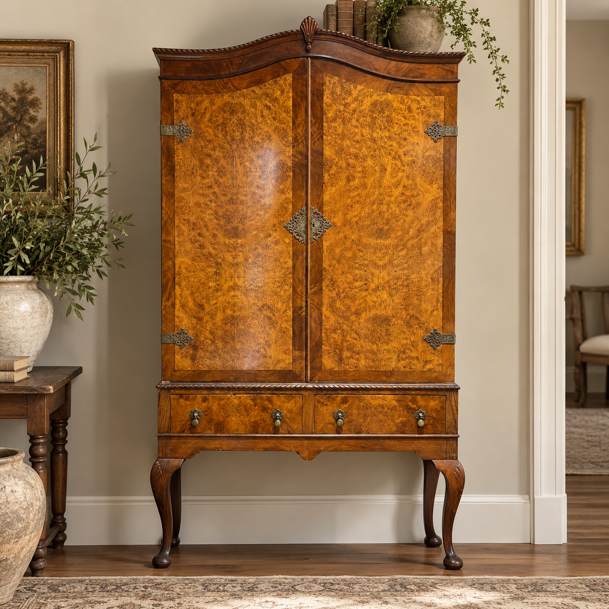 Antique English Queen Anne Revival Burr Walnut Cabinet | c. 1920–1930
