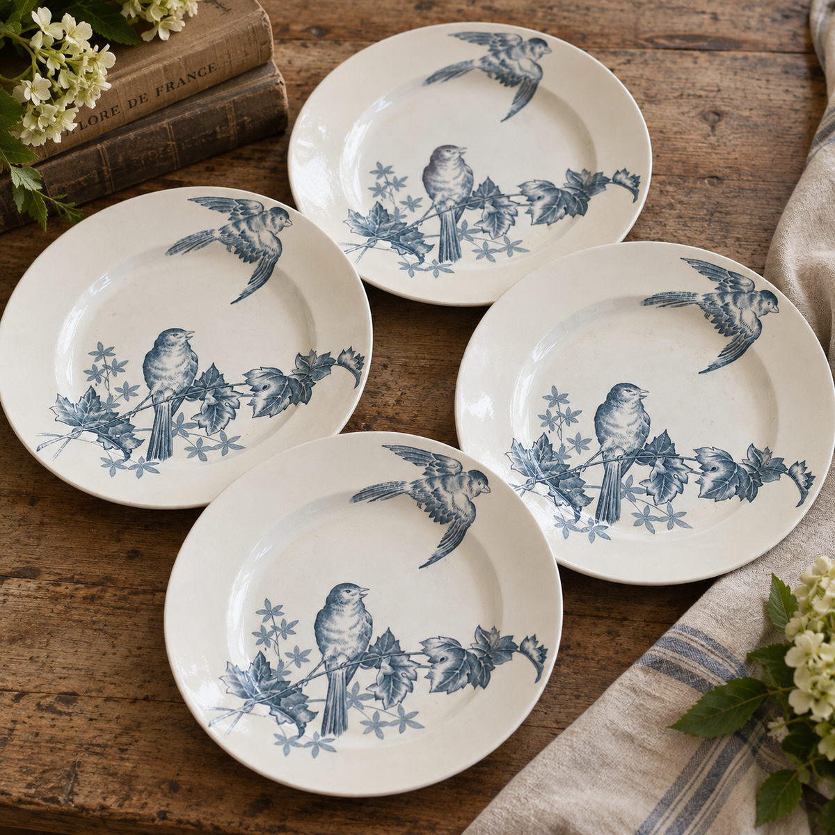 Antique Belgian Boch Frères “Fauvette” Bird Plates — Set of 4