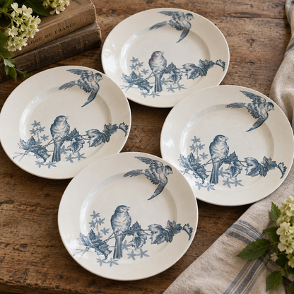 Antique Belgian Boch Frères “Fauvette” Bird Plates — Set of 4